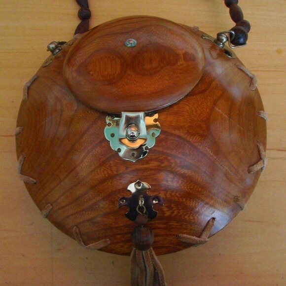 Vintage Handmade Round Wooden Purse Handbag OOAK Bags